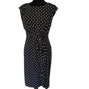 Connected Apparel Navy Polka Dot Stretch Dress Gathered Waist Size 6